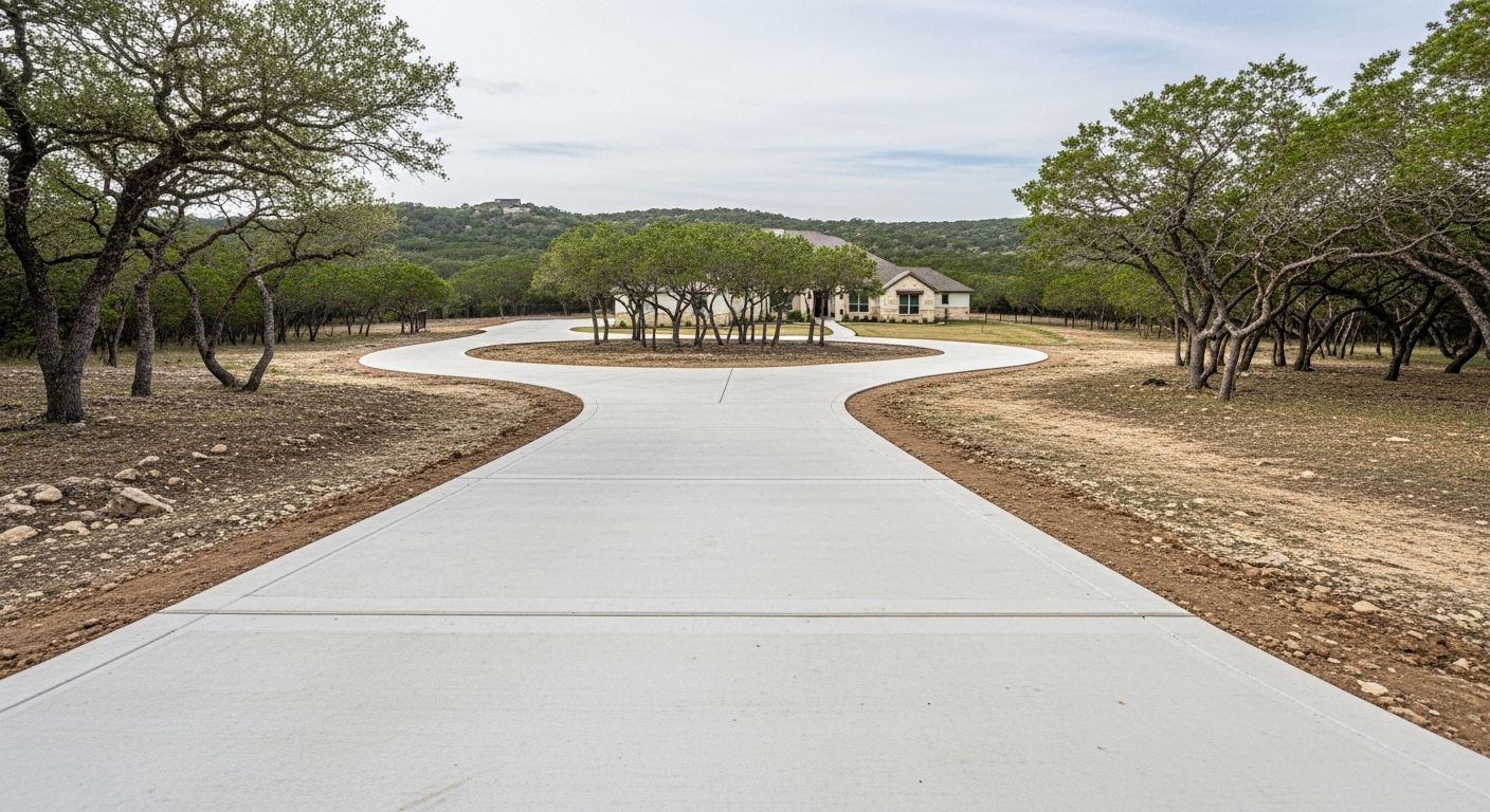 Professional concrete driveway installation in San Antonio Hill Country showing proper base preparation and reinforcement