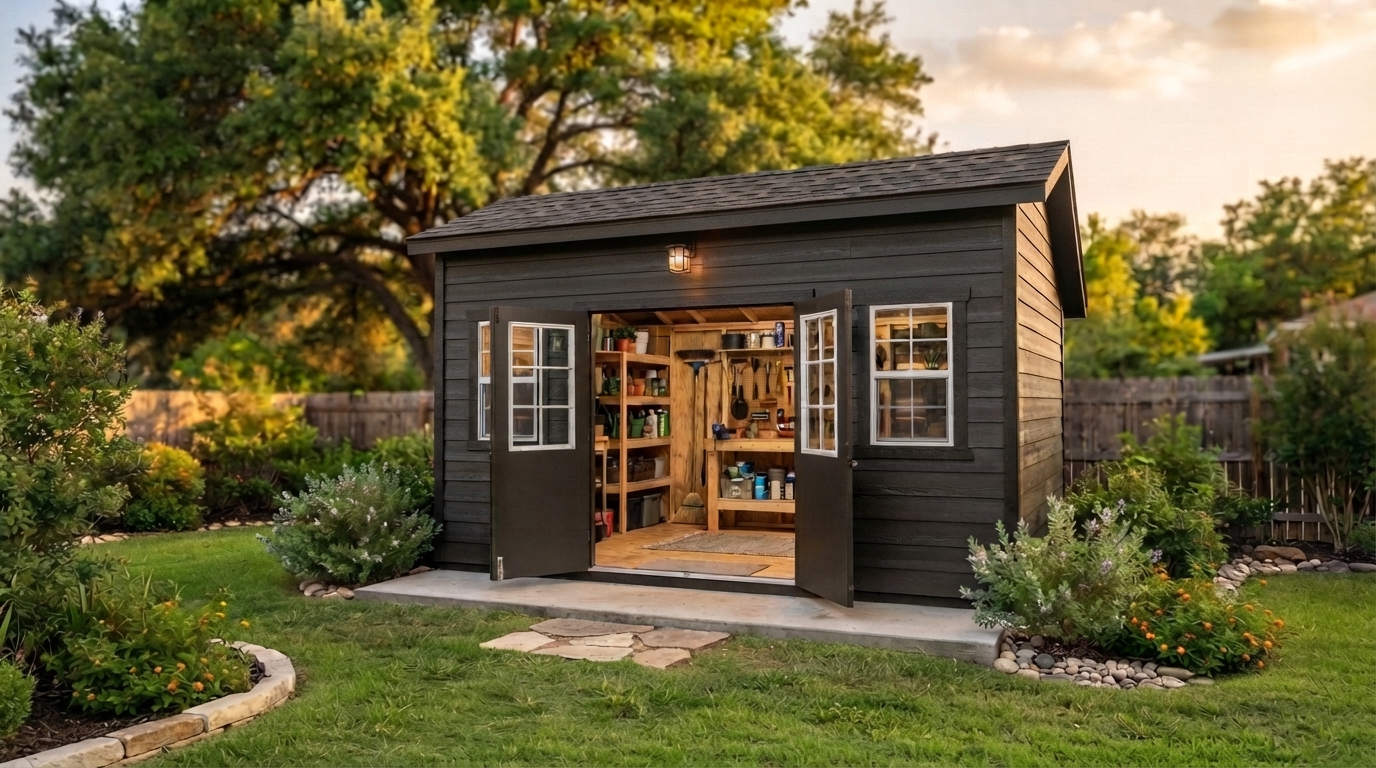 Custom wood shed built by J.B. Woolf Sheds in San Antonio, Texas