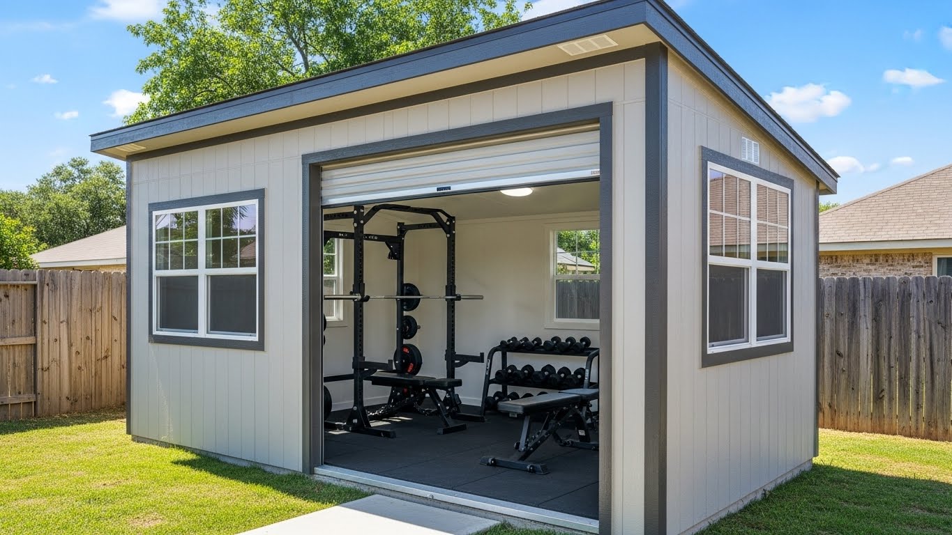 Custom home gym shed in San Antonio Texas built by Woolf Sheds on residential property