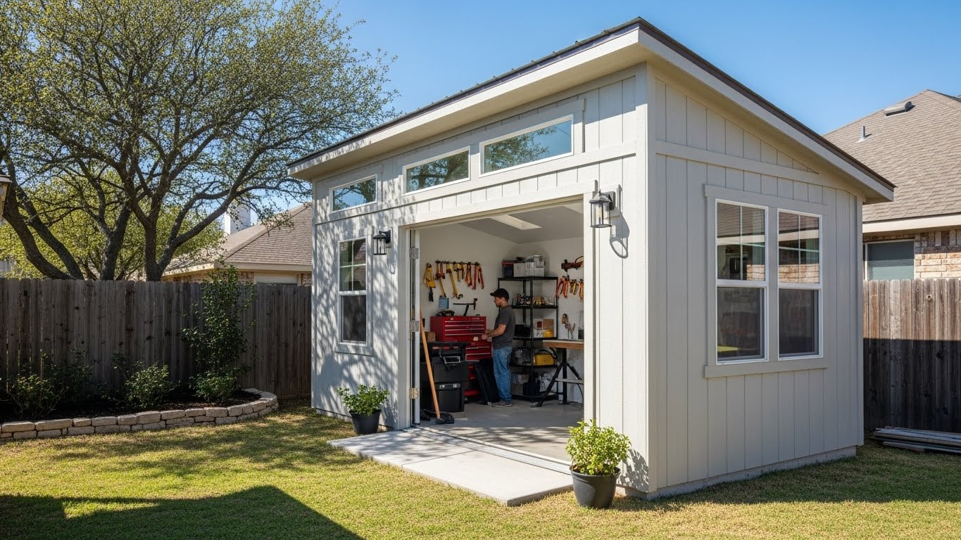Custom office shed and business storage building in San Antonio Texas built by Woolf Sheds