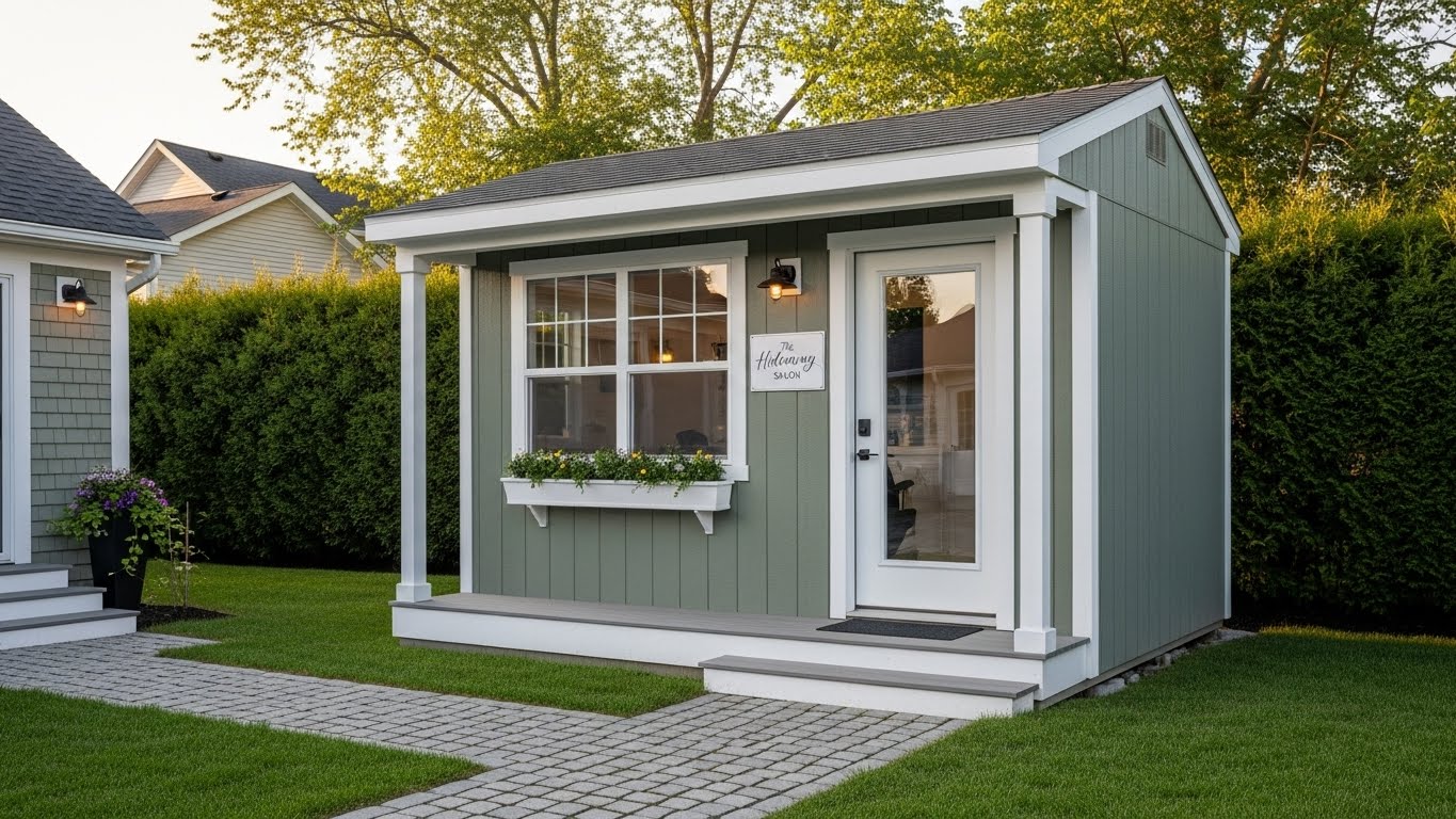 Private salon suite built with Woolf Sheds View Shed in San Antonio Texas for beauty professionals