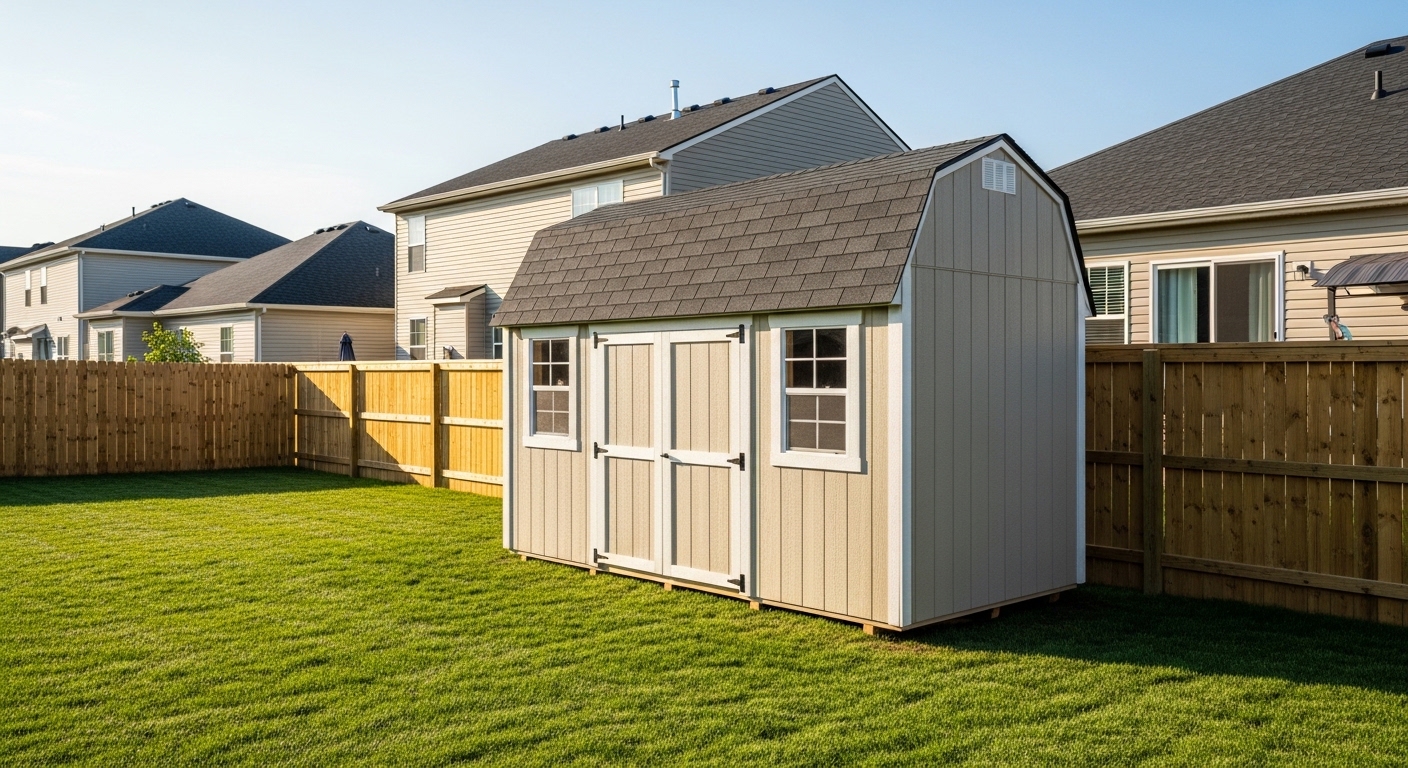 HOA-approved custom shed installed in a San Antonio neighborhood backyard by J.B. Woolf Sheds