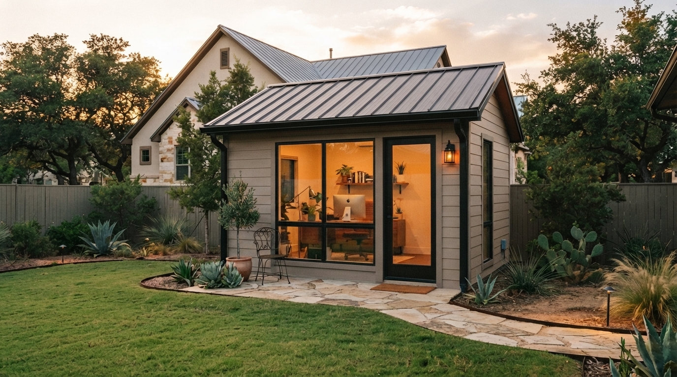 Custom backyard home office built by J.B. Woolf Sheds in San Antonio, Texas